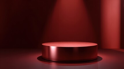 Minimalist red cylinder pedestal with textured top under dramatic spotlight
