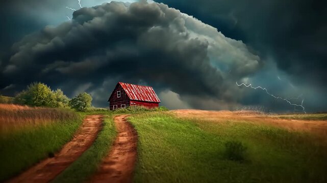 a small cabin house at rural countryside of Europe  farmland under black cloud with thunder boke strike around