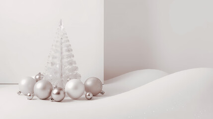 A minimalist Christmas scene with a white tree and shimmering ornaments.