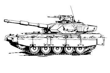 Military tank in line art style, side view illustration, armored vehicle design concept