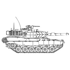 Modern main battle tank in line art style, side view illustration, military vehicle design concept