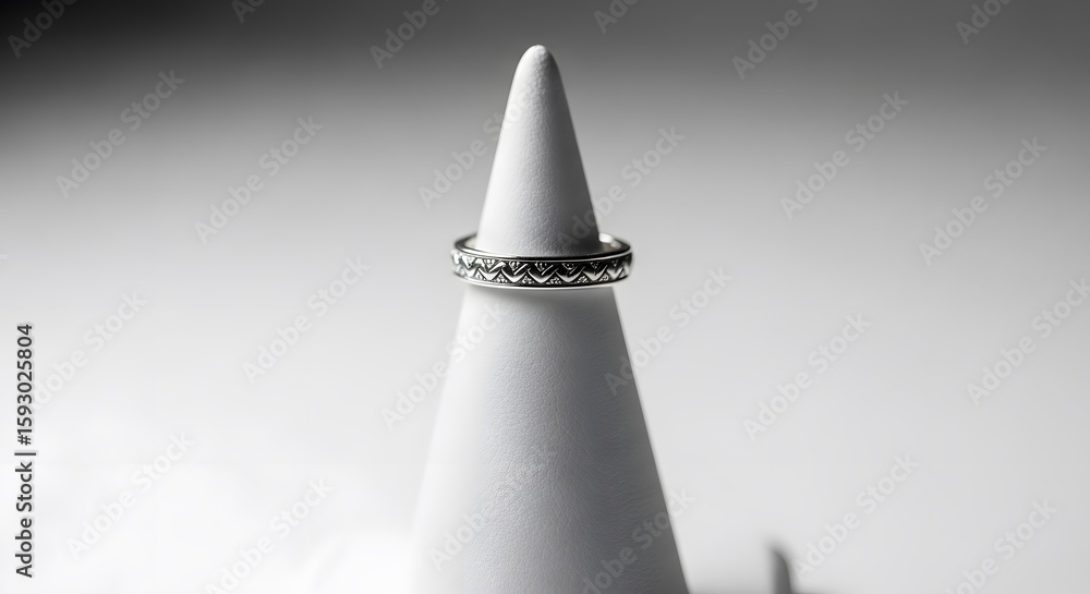 Poster close up shot of a silver ring with intricate design placed on a white cone-shaped object against a 