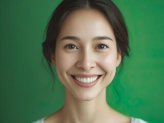 Emotion of joy and openness, goodwill, positive smiling female face on green background, close-up