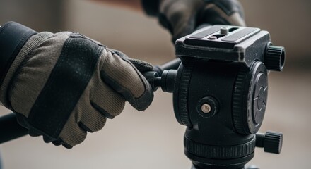 Gloved hands adjusting tripod head in close-up shot