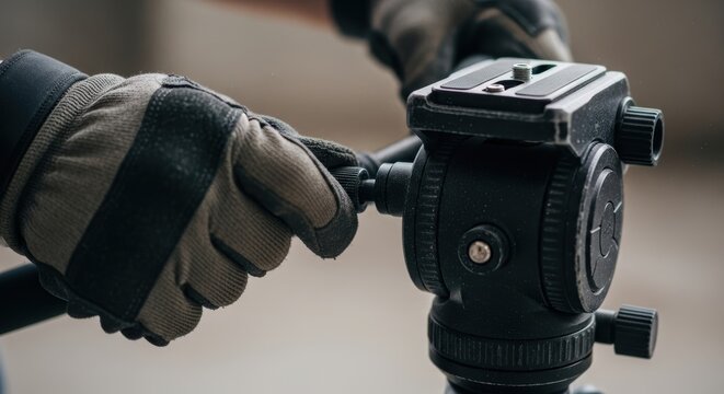 Gloved hands adjusting tripod head in close-up shot