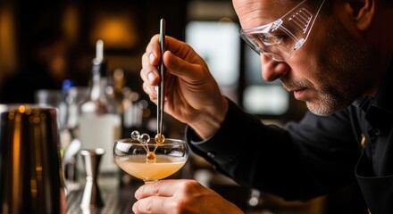 Caucasian male bartender creating molecular cocktail in stylish bar