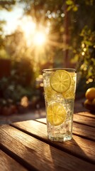 Chilled glass of water with lemon slices on a wooden deck, glowing in sunset light with a lush garden background. Perfect for summer hydration or outdoor lifestyle ads.