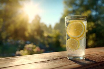Refreshing glass of water with lemon slices on a wooden table, set against a sunny garden backdrop. Perfect for summer drinks or wellness promotions.