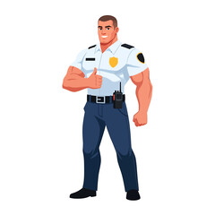 Cartoon security guard with muscular build gives a thumbs-up gesture, wearing a uniform and radio.