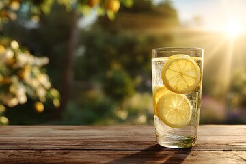 Crisp glass of water with lemon slices on a wooden table, bathed in golden sunlight with a lush garden view. Ideal for summer refreshment or nature-themed ads.