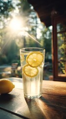 Cool glass of water with lemon slices on a wooden table, framed by warm sunset rays and a verdant garden view. Great for summer relaxation or health-focused campaigns.
