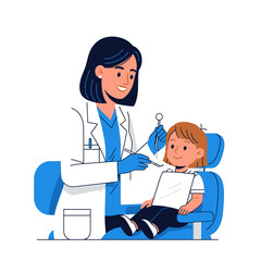 A female dentist in a white coat and blue gloves examines a young girl sitting in a blue dental chair with dental instruments.