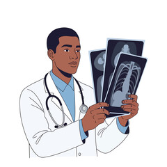 A male doctor wearing a white coat and stethoscope examines three X-ray images against a white background.