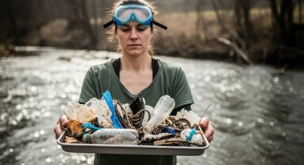 Female adult collecting river litter with tray of plastic waste in nature cleanup