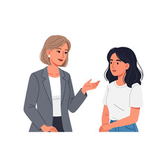 Obraz premium Two women in conversation; one wearing a blazer gestures while speaking to the other in a casual white shirt and jeans.
