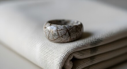Close-up shot of a stone ring with gold veins resting on folded white fabric displaying texture and detail. Selective focus highlights the ring and fabric.