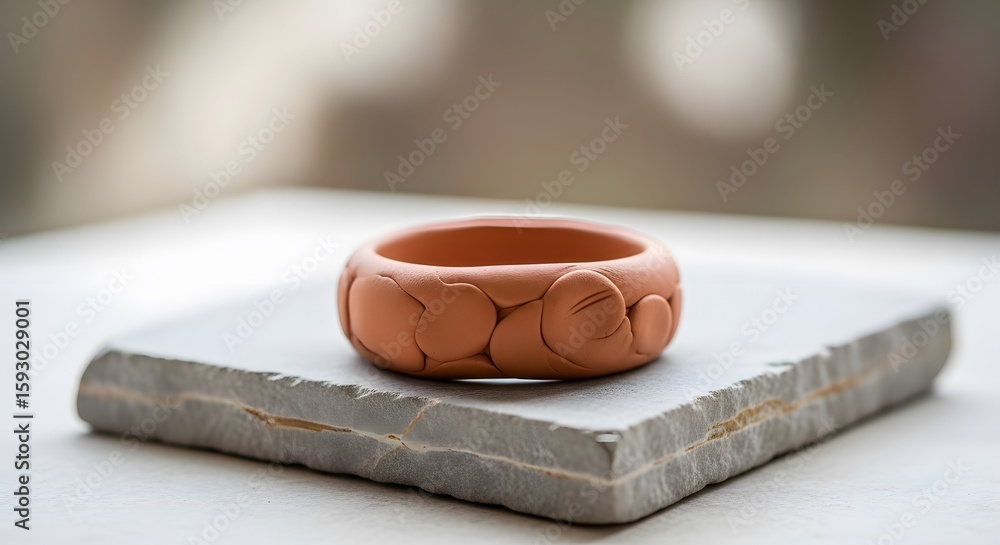 Poster close up of a terracotta-colored ring on a gray rectangular block with a blurred background showing 