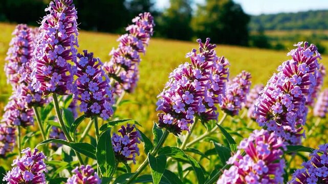 Vibrant purple blossoms of catmint flourishing in sunlit open field during warm months growth beauty