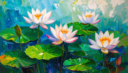 Abstract oil painting of water lily in pond. Beautiful nymphaea. Botanical drawing. Hand drawn art.