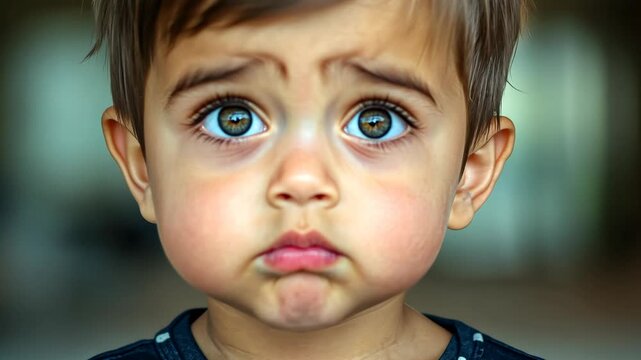 angry sulking baby boy with funny face looking at camera