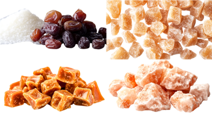 Set of isolates without background featuring various dried fruits, date sugar, and sugar crystals.