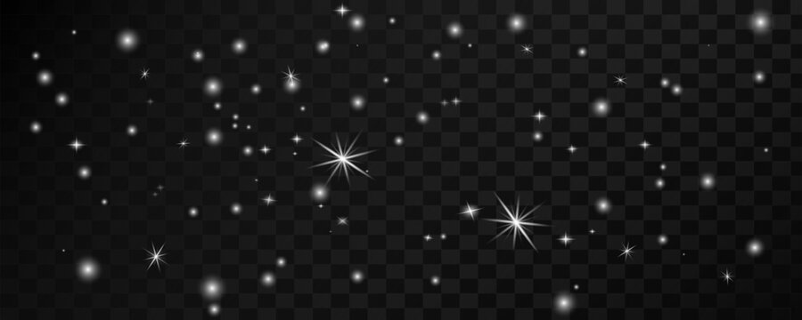 Vector blue shimmering starry background, glitter on transparent background. Light effect. Vector shimmering glitter effect. Sun glare with rays and highlights. Stars shine, sparkles twinkle. 