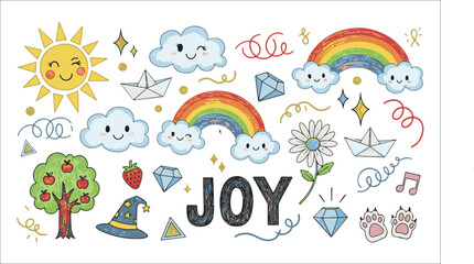Cheerful sun rainbow clouds and joyful elements tree