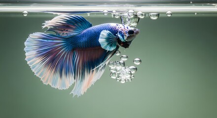 A vibrant fish swims gracefully in clear water with bubbles against a soft gradient green background.