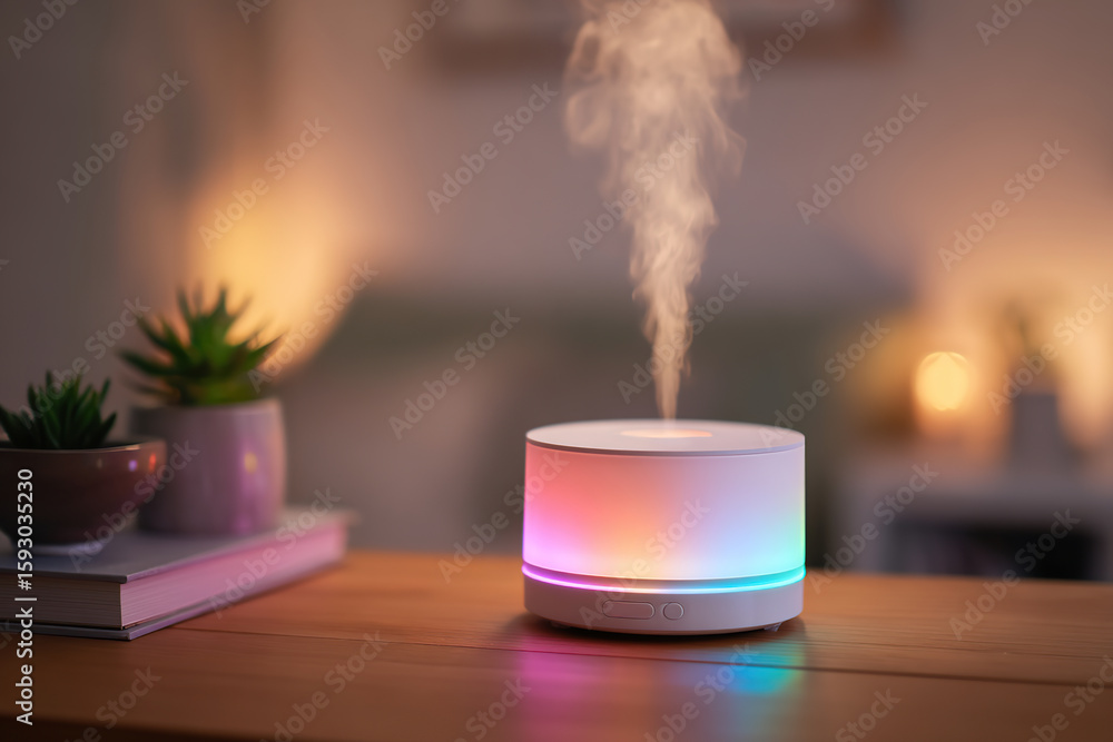 Poster diffuser creating calming mist and colorful light in a cozy living space during evening hours
