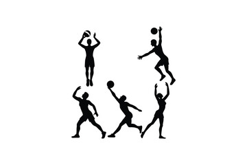 Black Silhouettes of Volleyball Players in Action Serving Spiking and Blocking on a White Background