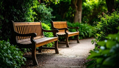 Two wooden park benches in a garden