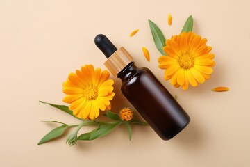 A brown glass bottle, filled with essential oil, is artfully arranged on a beige background, alongside vibrant orange calendula flowers.
