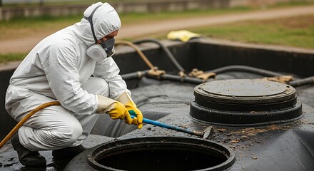 Septic Tank Cleaner in Protective Suit Using Suction Hose