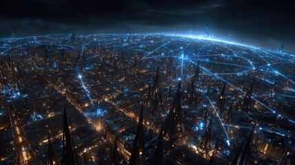 Obraz premium Futuristic cyberpunk cityscape with glowing blue network connections under a starry night sky