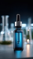 A close-up of a stylish medicine dropper bottle with a blue liquid, perfectly capturing its intricate details and elegance against the background of glassware.