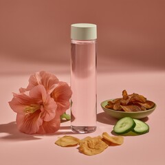 A refreshing and stylish bottle of infused water is artistically displayed with vibrant natural ingredients, creating a sense of healthy living and hydration.