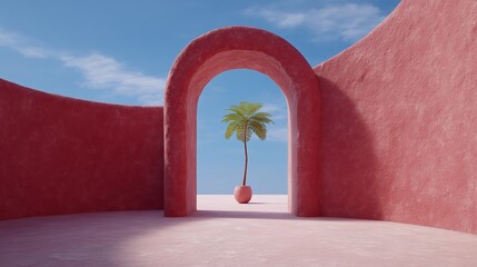 A tranquil, minimalist scene of a lone palm tree, captured within the elegant embrace of a sunlit, arched architectural structure.