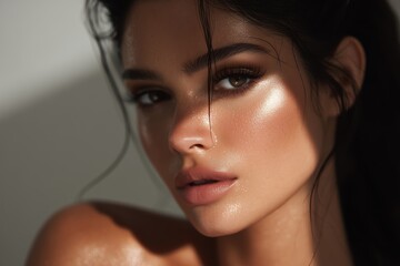 A radiant woman with flawless skin, hair, and a subtle beauty, capturing her elegant and graceful appearance, with the gentle touch of natural light enhancing her features.
