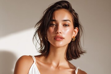 The essence of beauty and serenity in a captivating portrait of a stunning woman with short hair and elegant, natural makeup, illuminated by soft lighting