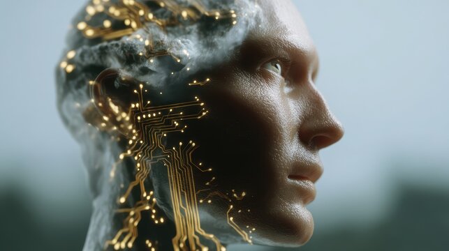 Futuristic human head profile with circuit board elements conceptualizing technology and innovation