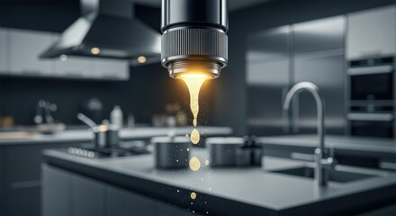Modern steel kitchen faucet dripping in contemporary interior design