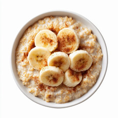 A plate of porridge with banana pieces and cinnamon isolated on a white background
