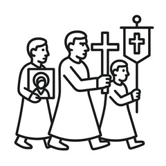 Religious procession with men and child carrying icons and banners  