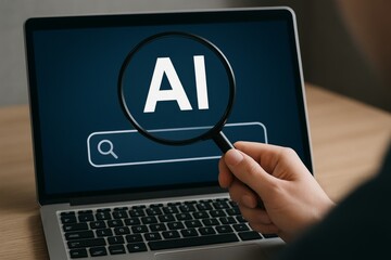 Magnifying glass over laptop screen with AI text and search bar symbolizing intelligent data analysis