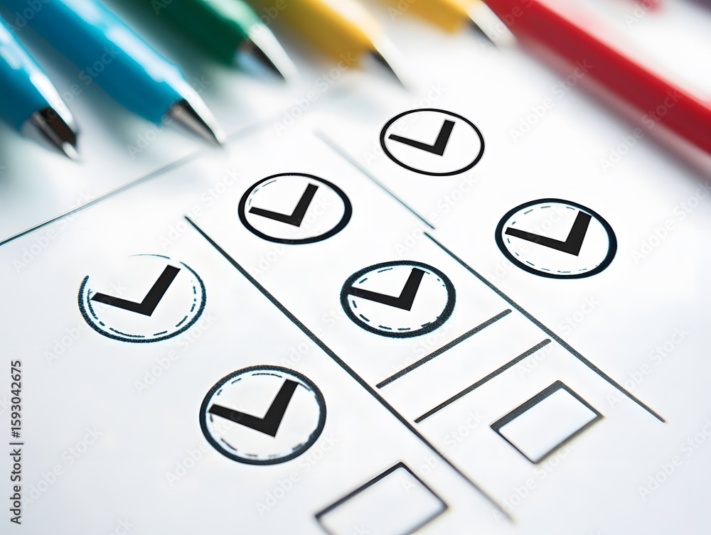 Poster a close-up view of a checklist with colorful pens, illustrating organization and productivity. ideal