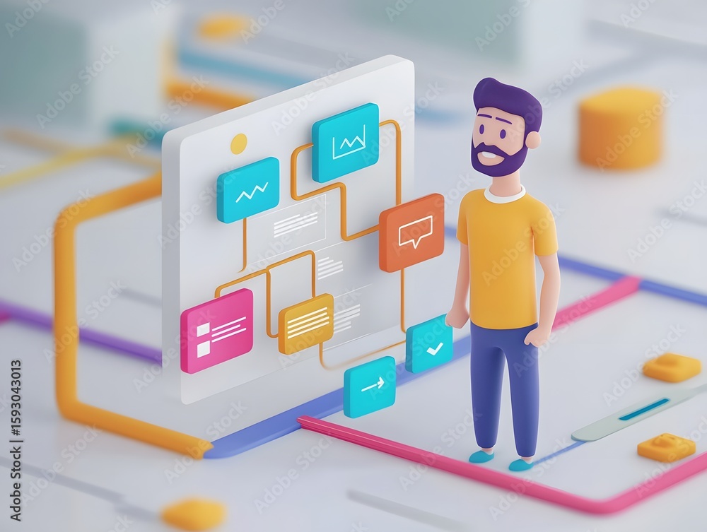 Poster a creative illustration of a man standing in front of a digital interface, showcasing various data g