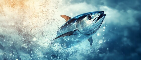 A dynamic underwater scene featuring a majestic fish breaking through the water's surface, creating a mesmerizing splash