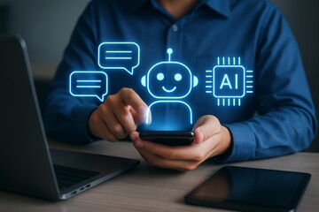 Professional using smartphone with holographic chatbot and AI interface in modern workspace