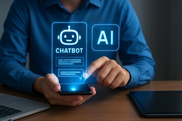 Professional using smartphone with holographic chatbot and AI interface in modern workspace