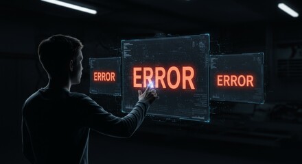 Glowing error alerts on holographic displays as person attempts to resolve critical system failure